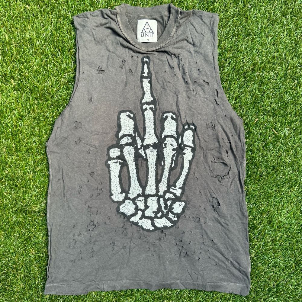 Unif Distressed Torn Skeleton Middle Finger Tank Top